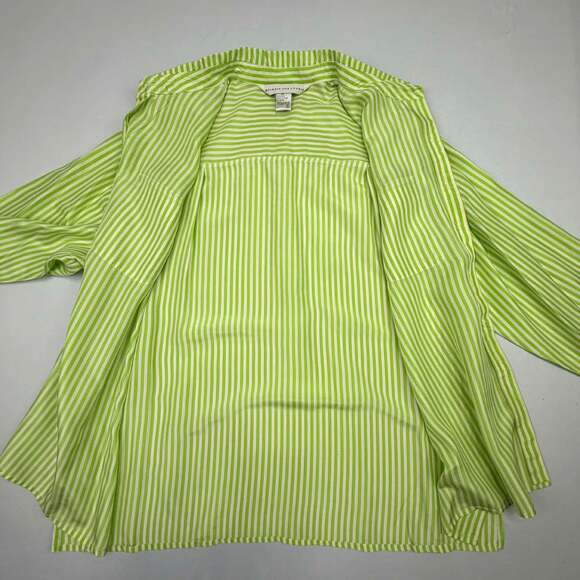 Melrose Silk Studio 100% Silk Lime Green and White Striped Long Sleeve Button Do - Picture 4 of 11
